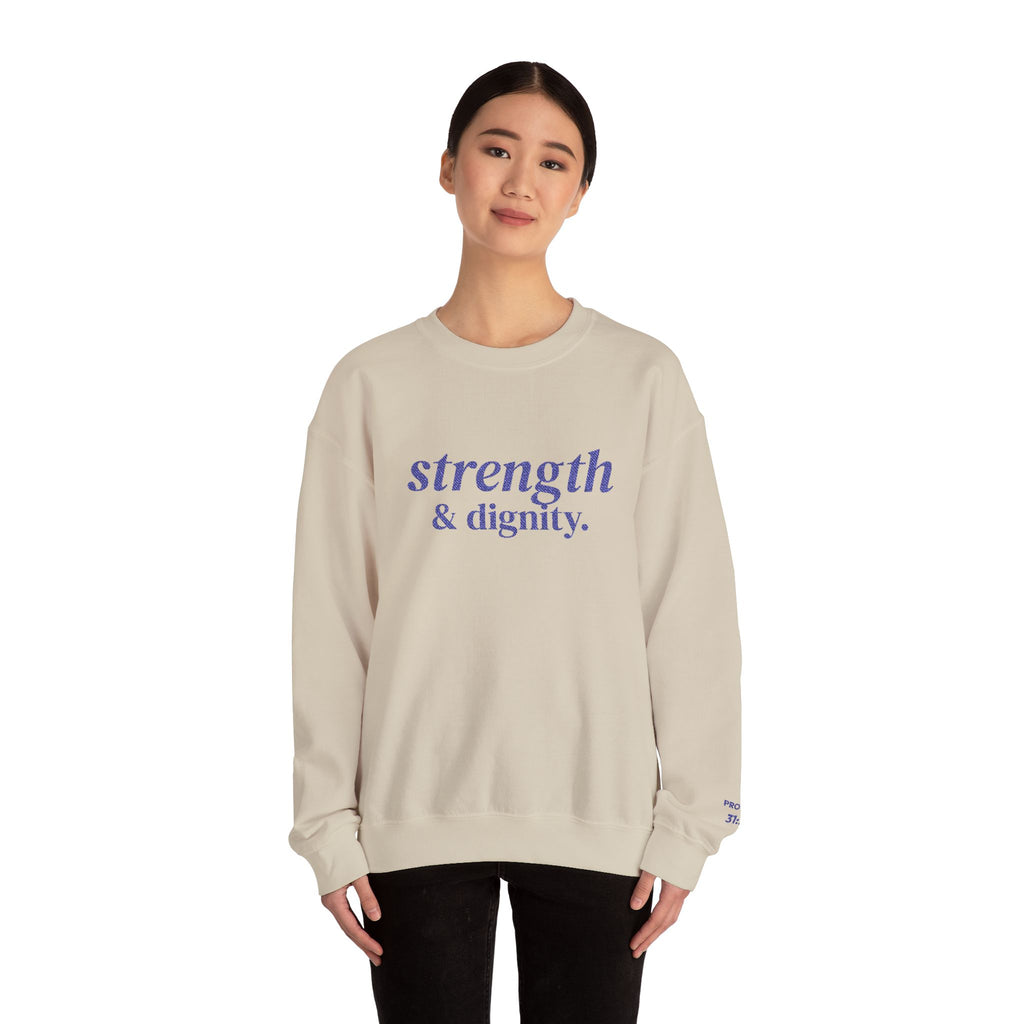 Strength and Dignity Embroidered Sweatshirt | Proverbs 31:25 Christian Crewneck for Women