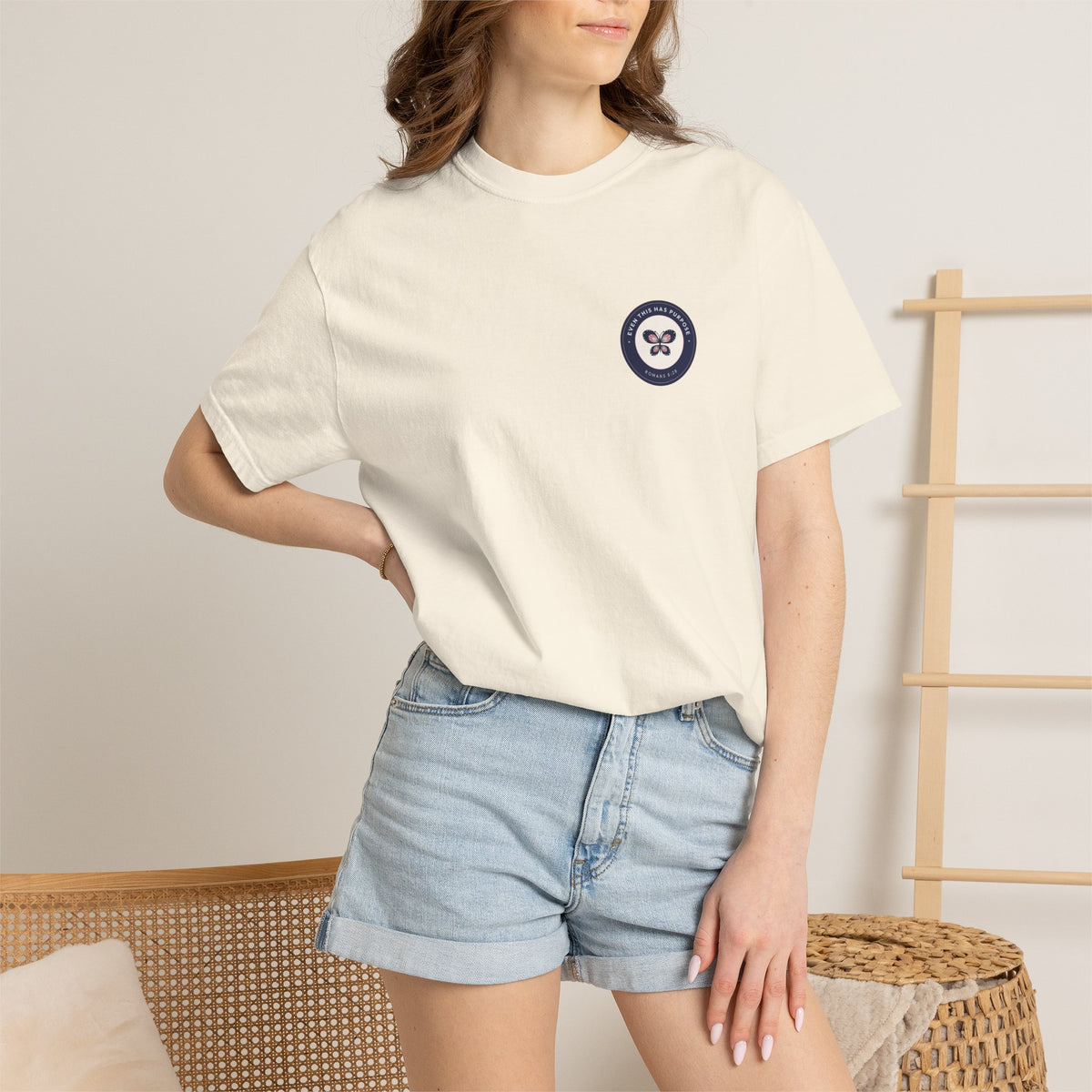 Even This Has Purpose Romans 8:28 butterfly badge Christian t-shirt