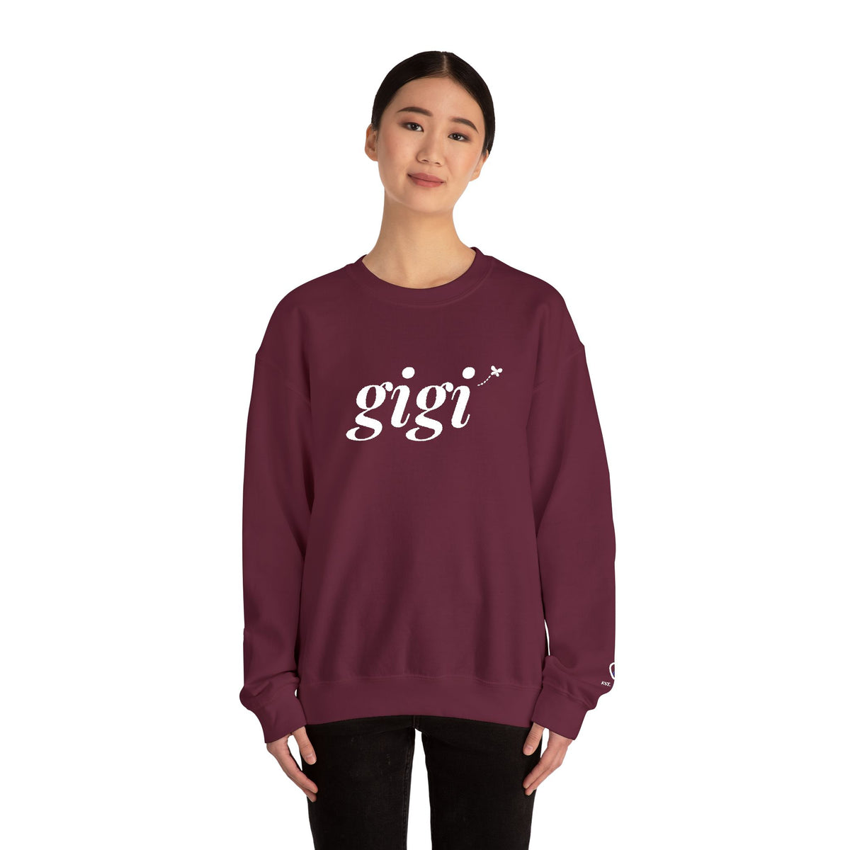 Personalized Gigi Sweatshirt, Embroidered Gigi Crewneck, Grandchild's Initial on Sleeve, White Thread, Grandma Christmas Gift
