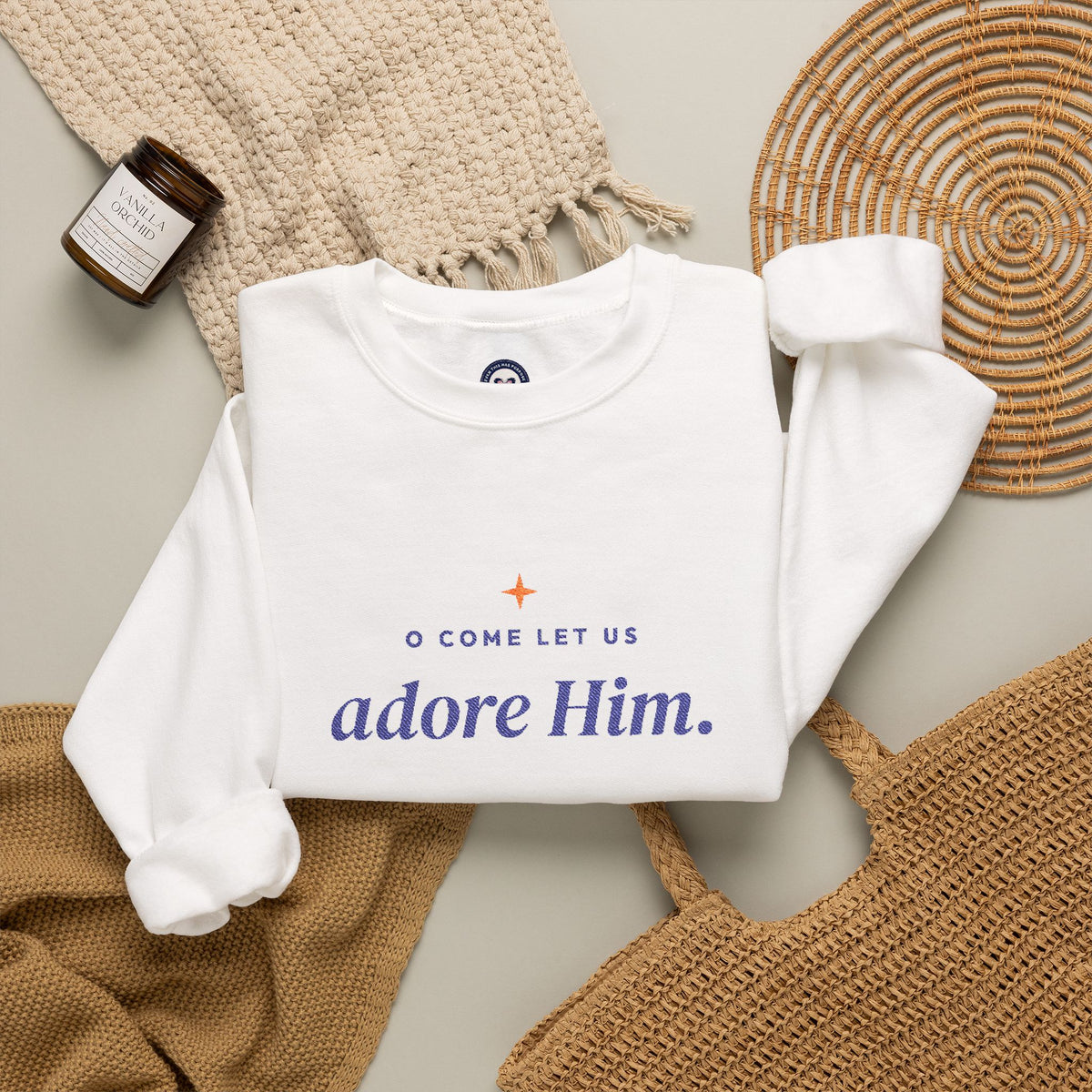 O Come Let Us Adore Him embroidered Christian Christmas sweatshirt