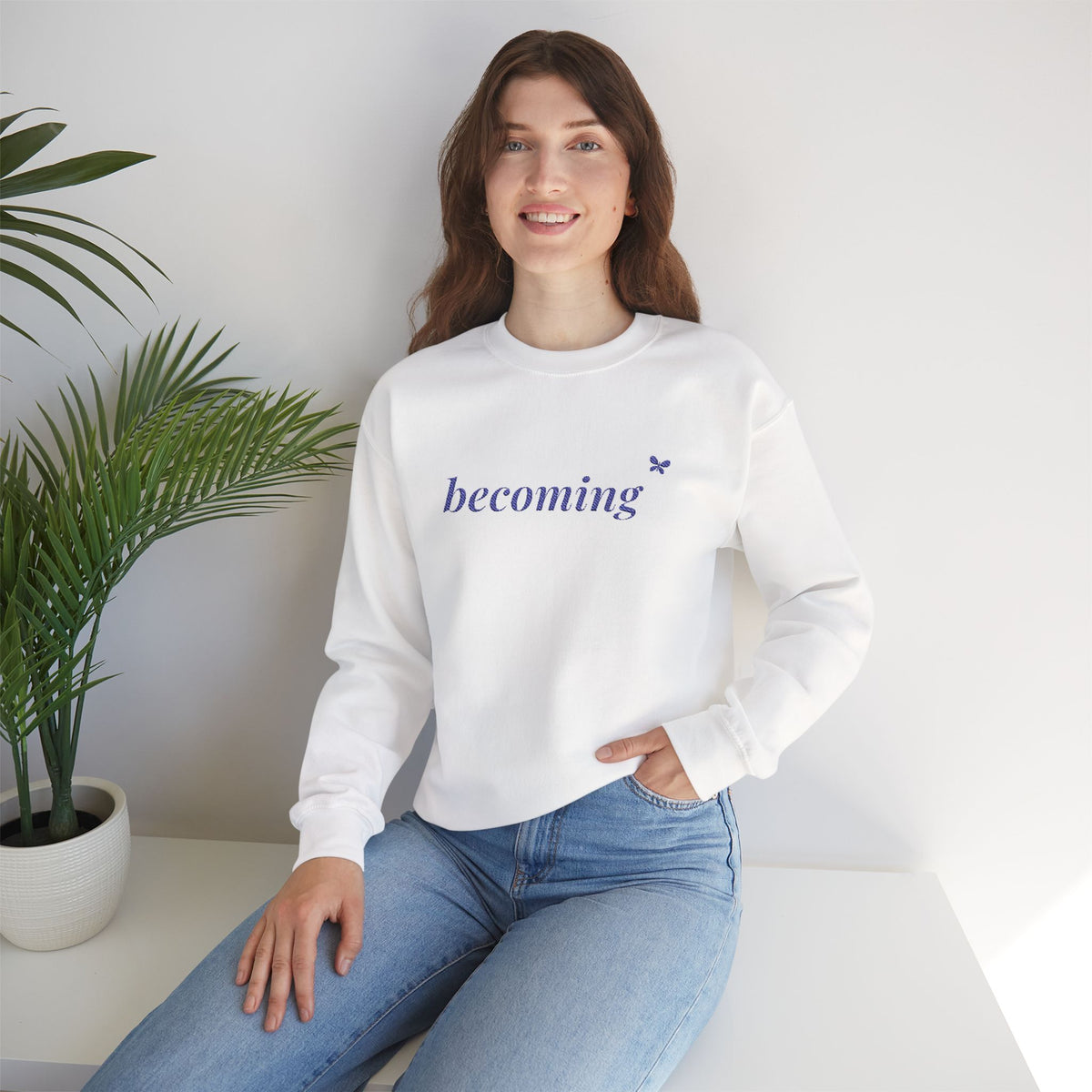 Becoming Embroidered Sweatshirt, Butterfly Sleeve Crewneck for Women, Christian Faith Sweatshirt, New Creation Gift, Navy Thread