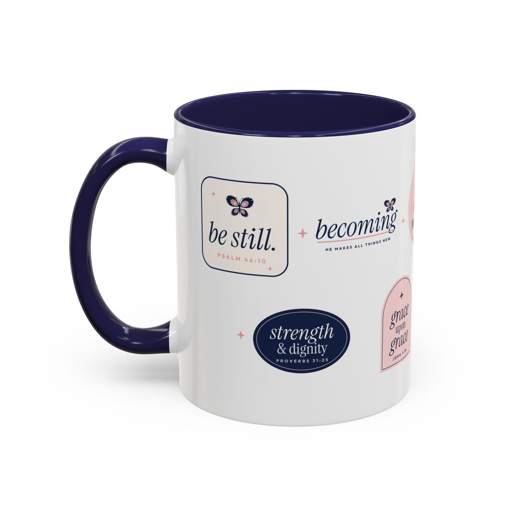 Bible Verse Accent Mug | Butterfly Christian Sticker Collage Mug with Navy Handle | Faith Gift 11oz