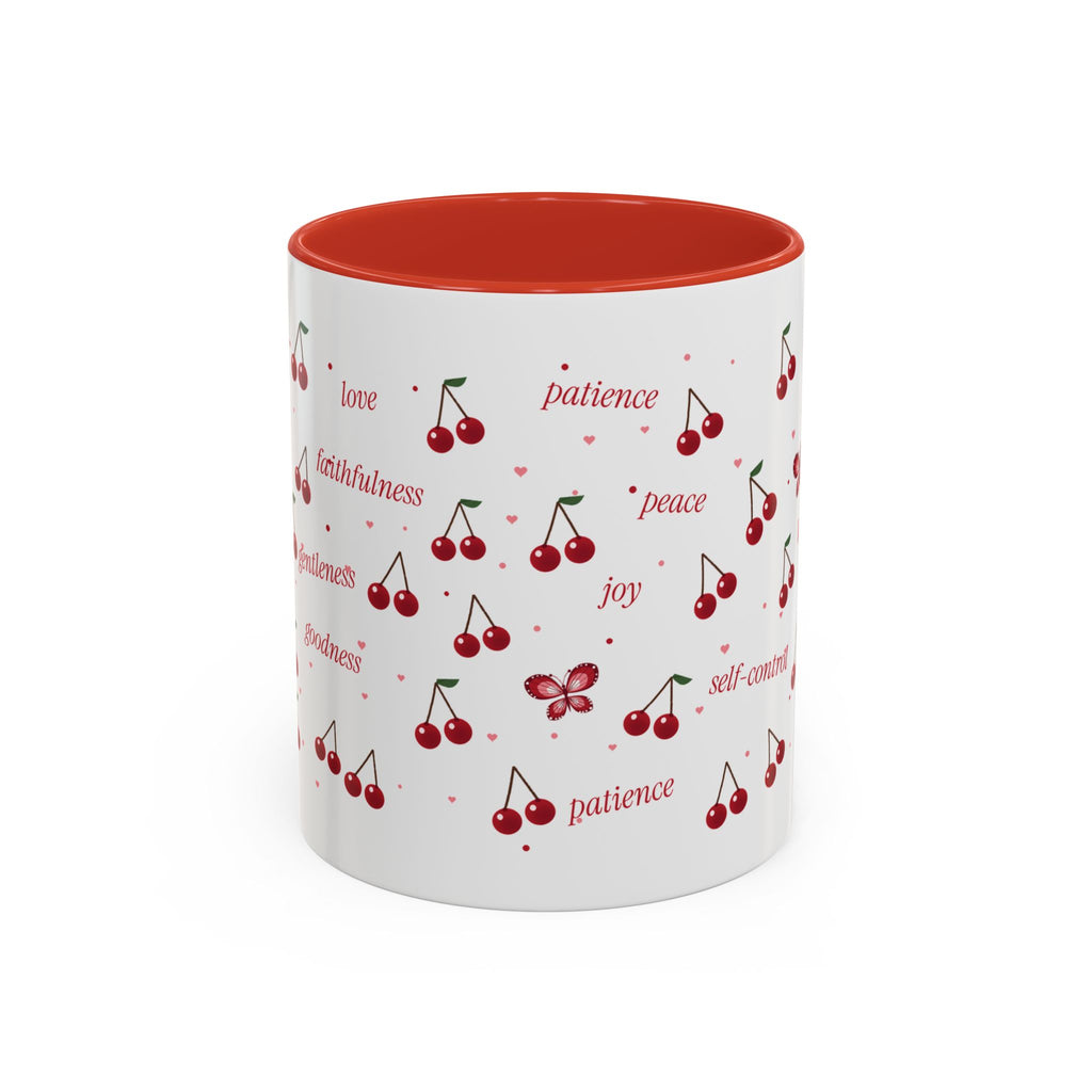 Cherry Fruit of the Spirit Accent Mug | Galatians 5:22-23 Christian Coffee Mug with Red Handle | Faith Gift 11oz