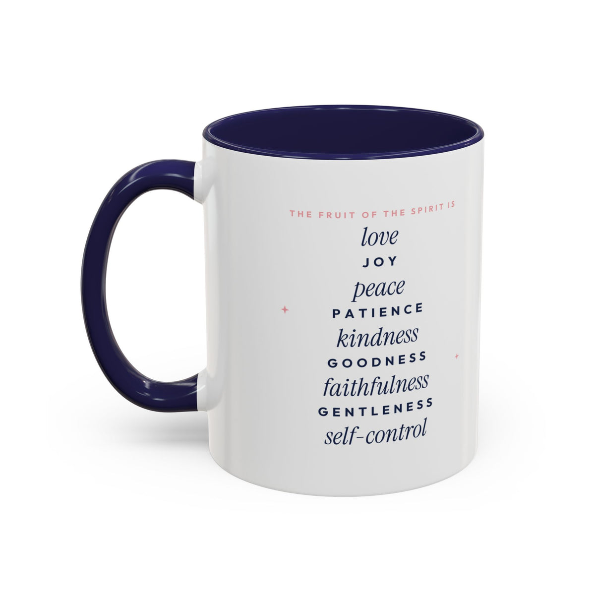 Fruit of the Spirit Accent Mug | Galatians 5:22-23 Butterfly Christian Coffee Mug with Navy Handle | Faith Gift 11oz