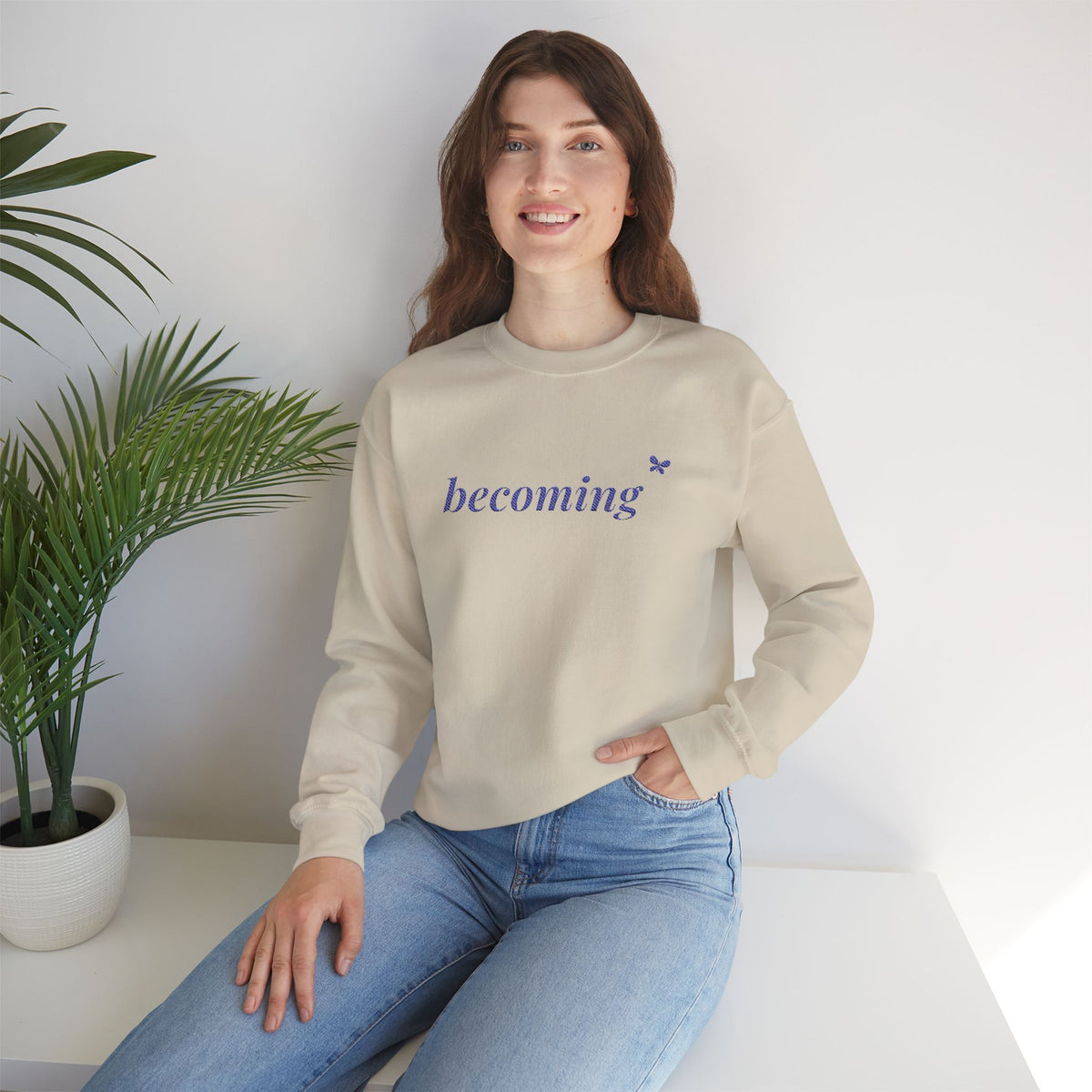 Becoming Embroidered Sweatshirt, Butterfly Sleeve Crewneck for Women, Christian Faith Sweatshirt, New Creation Gift, Navy Thread