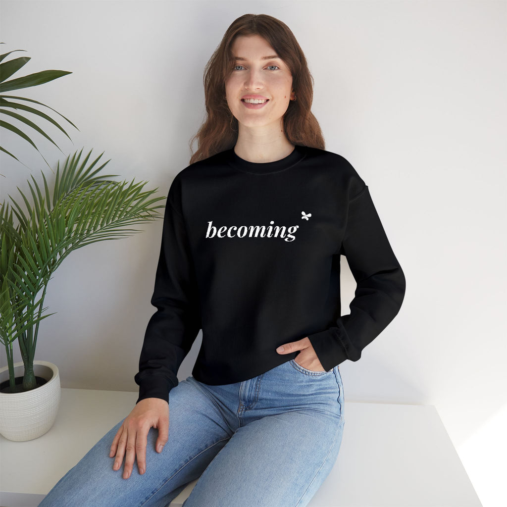 Becoming Embroidered Sweatshirt, Butterfly Sleeve Crewneck for Women, Christian Faith Sweatshirt, New Creation Gift, White Thread