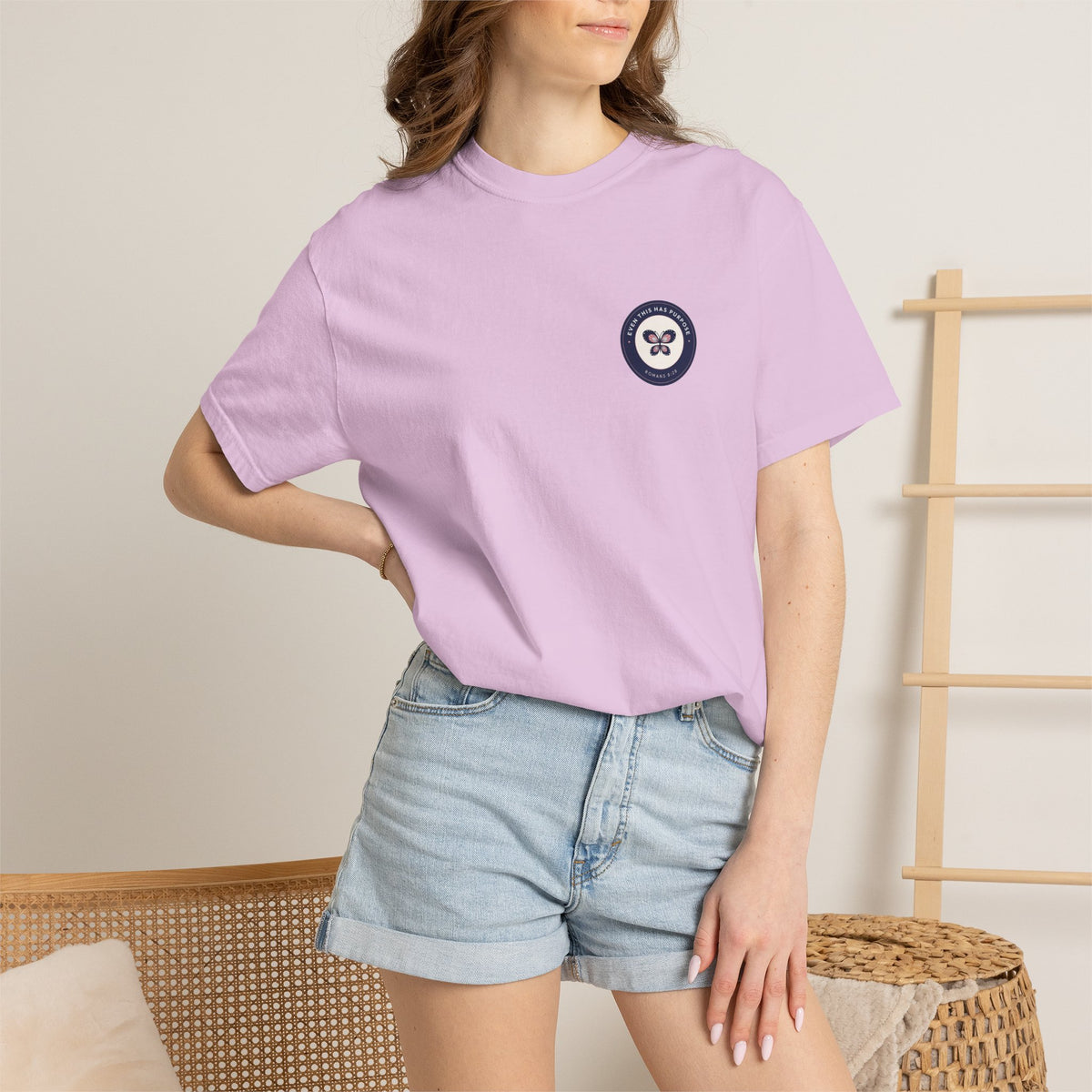 Even This Has Purpose Romans 8:28 butterfly badge Christian t-shirt