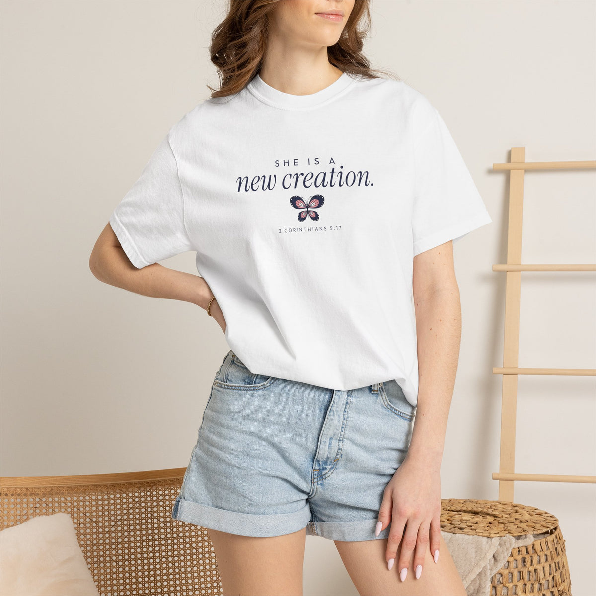 She Is a New Creation 2 Corinthians 5:17 butterfly Christian t-shirt