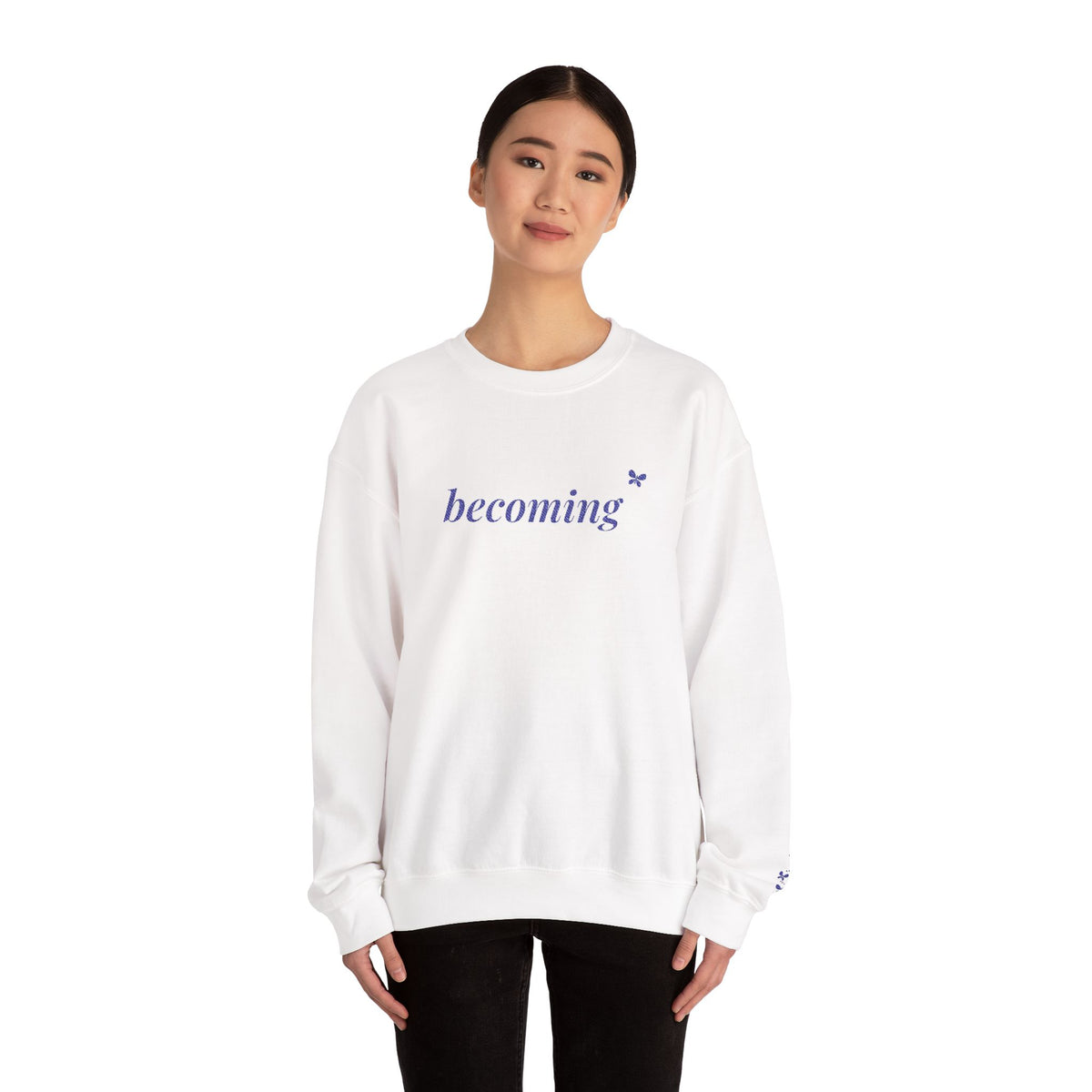 Becoming Embroidered Sweatshirt, Butterfly Sleeve Crewneck for Women, Christian Faith Sweatshirt, New Creation Gift, Navy Thread