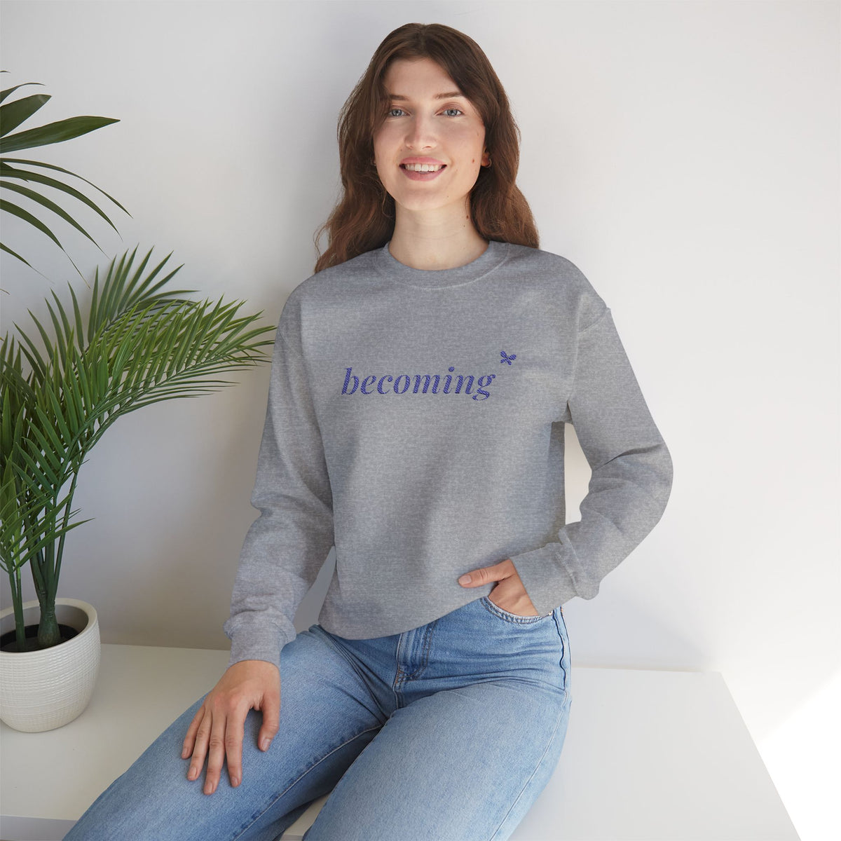Becoming Embroidered Sweatshirt, Butterfly Sleeve Crewneck for Women, Christian Faith Sweatshirt, New Creation Gift, Navy Thread