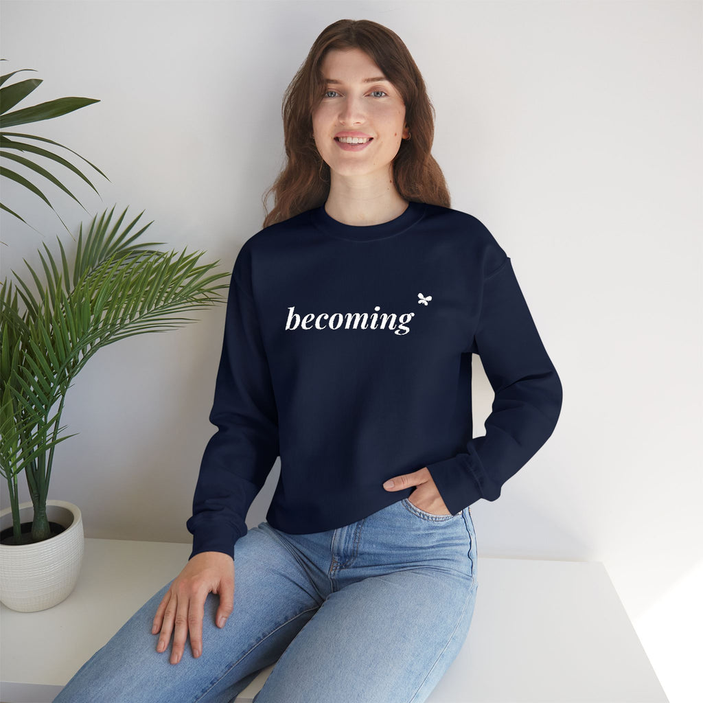 Becoming Embroidered Sweatshirt, Butterfly Sleeve Crewneck for Women, Christian Faith Sweatshirt, New Creation Gift, White Thread