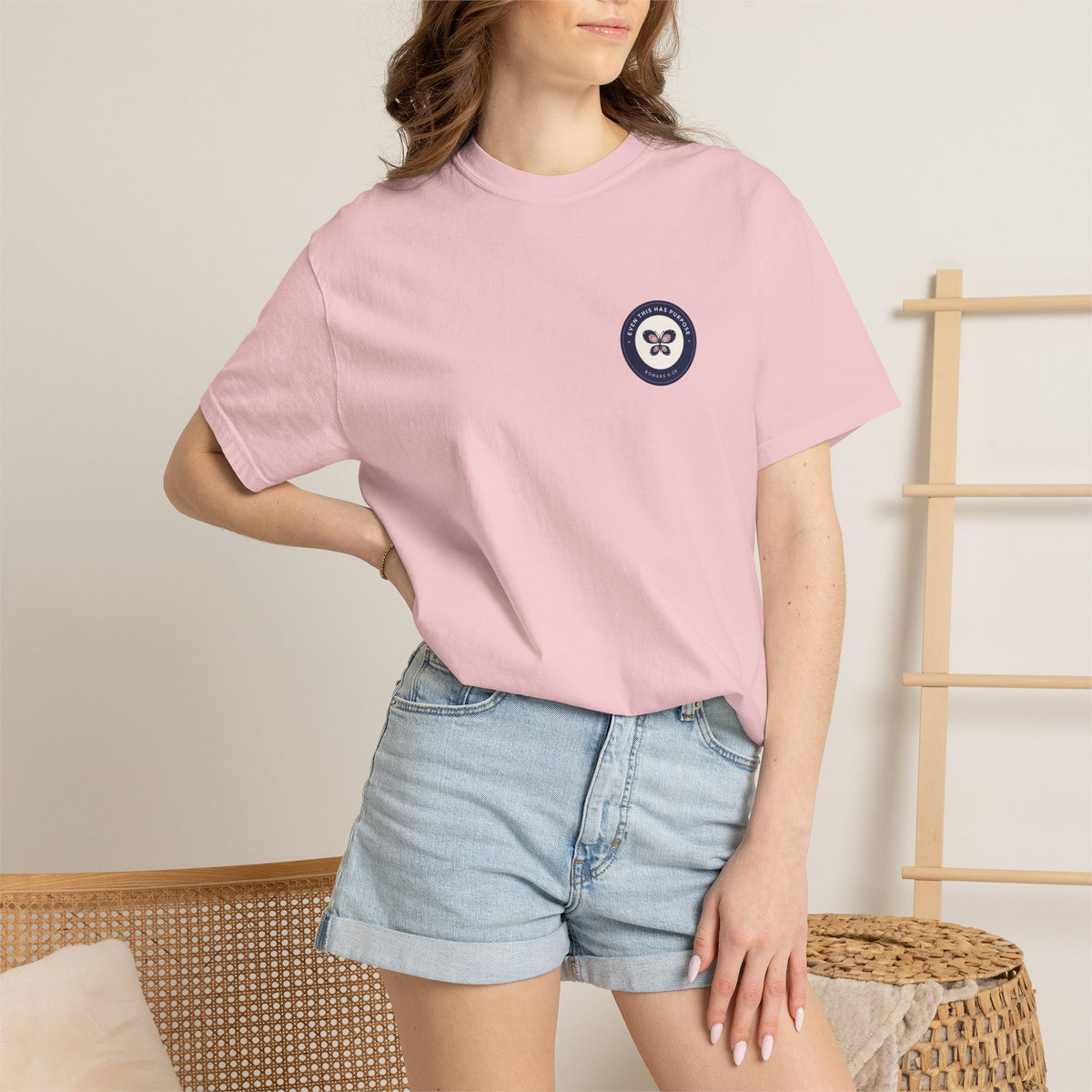 Even This Has Purpose Romans 8:28 butterfly badge Christian t-shirt