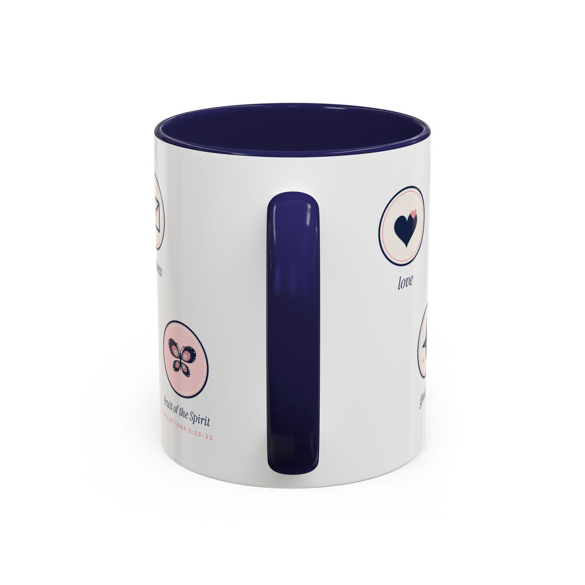 Fruit of the Spirit Icons Accent Mug | Love Joy Peace Christian Coffee Mug with Navy Handle | Faith Gift 11oz