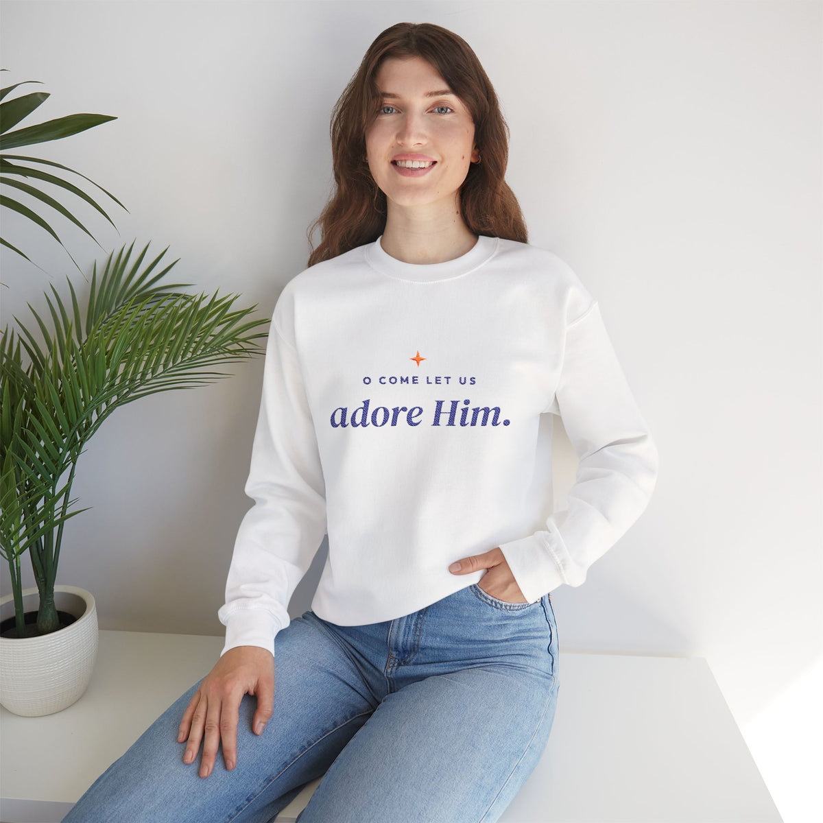O Come Let Us Adore Him embroidered Christian Christmas sweatshirt