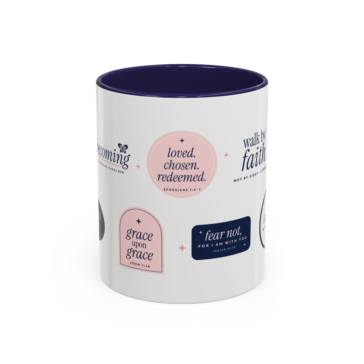 Bible Verse Accent Mug | Butterfly Christian Sticker Collage Mug with Navy Handle | Faith Gift 11oz