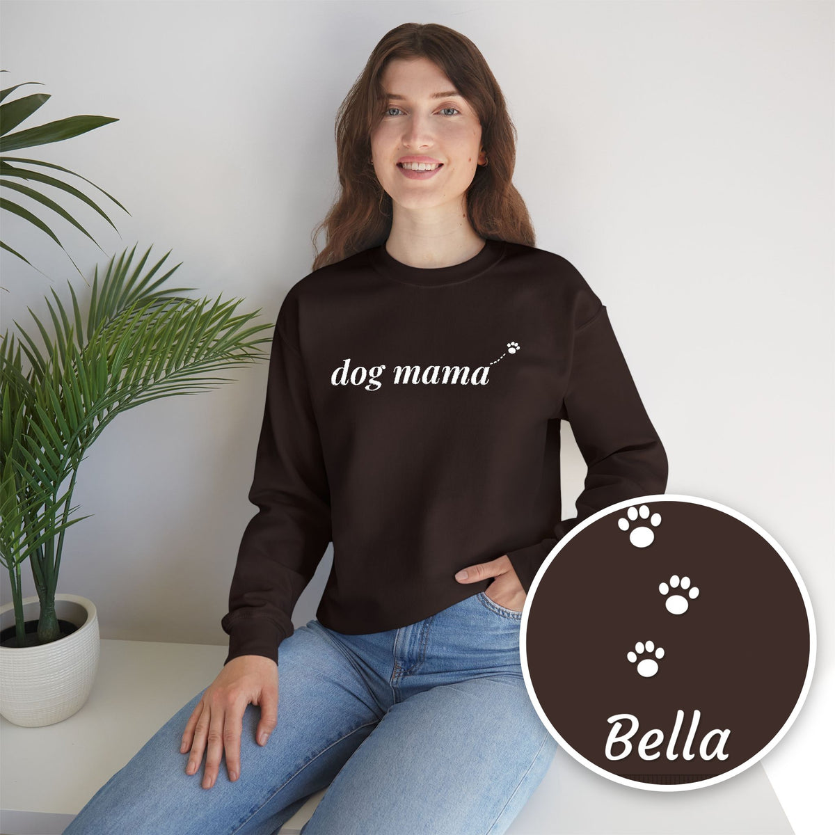 Personalized Dog Mama embroidered sweatshirt with dog name on sleeve