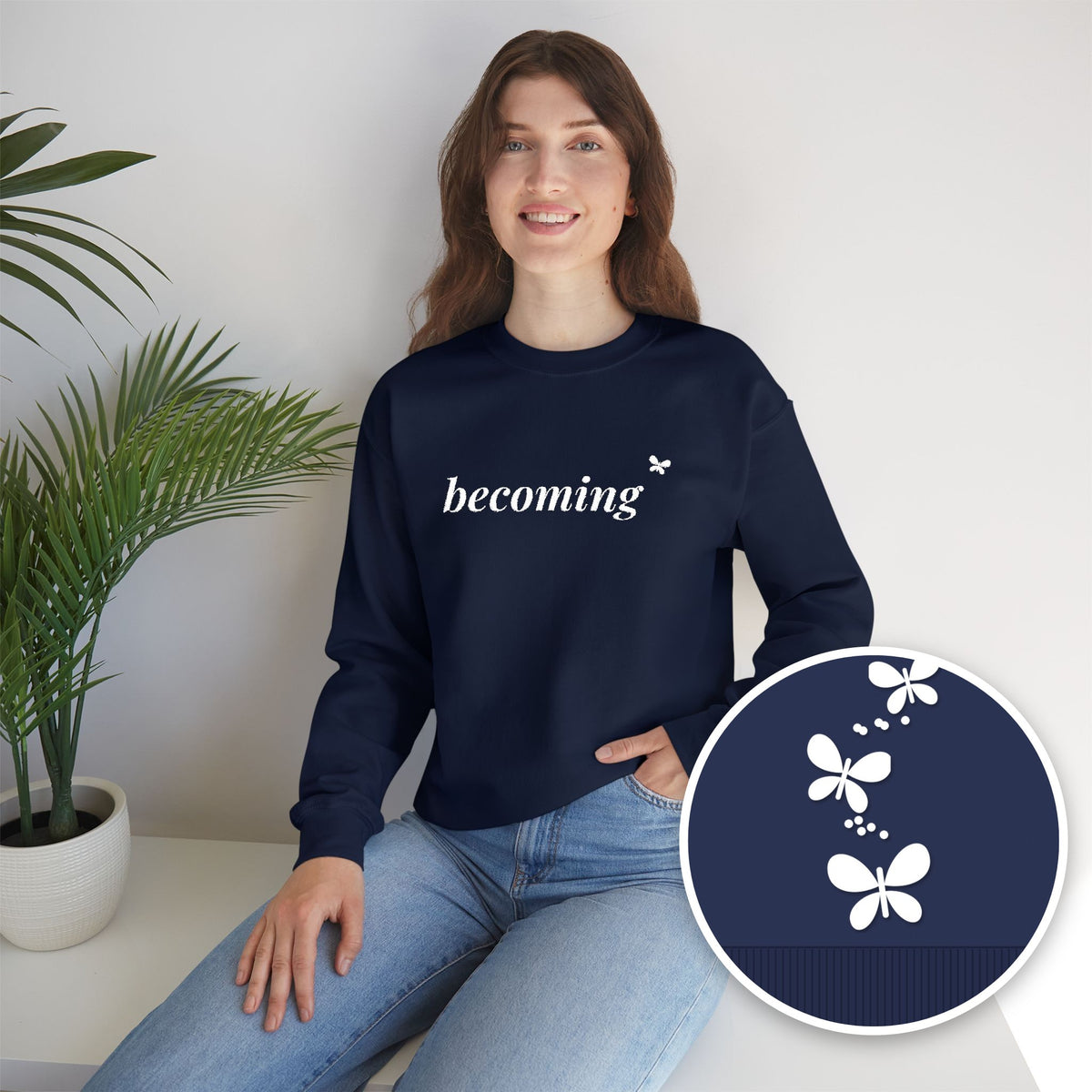 Becoming Embroidered Sweatshirt, Butterfly Sleeve Crewneck for Women, Christian Faith Sweatshirt, New Creation Gift, White Thread