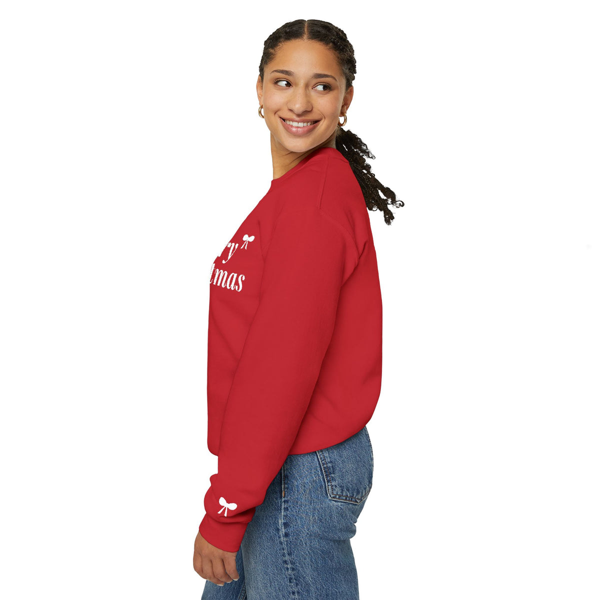 Merry Christmas embroidered crewneck sweatshirt with bow on cuff