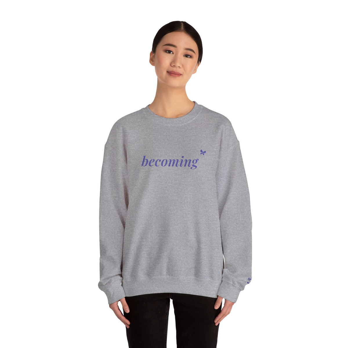 Becoming Embroidered Sweatshirt, Butterfly Sleeve Crewneck for Women, Christian Faith Sweatshirt, New Creation Gift, Navy Thread