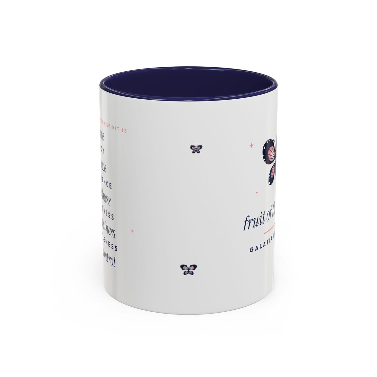 Fruit of the Spirit Accent Mug | Galatians 5:22-23 Butterfly Christian Coffee Mug with Navy Handle | Faith Gift 11oz