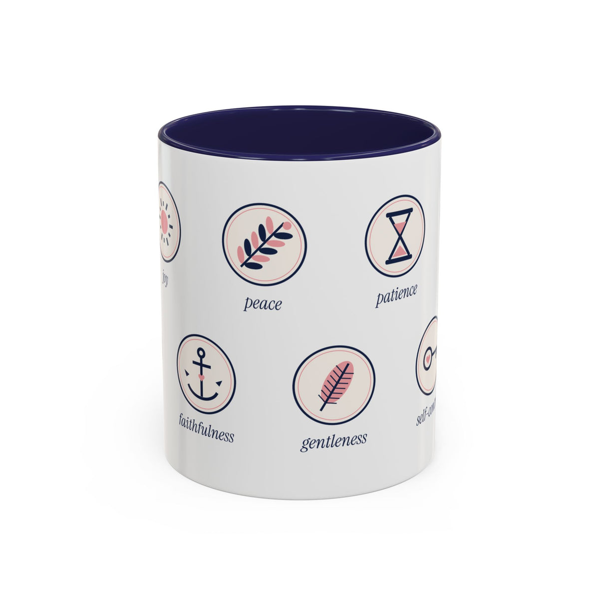 Fruit of the Spirit Icons Accent Mug | Love Joy Peace Christian Coffee Mug with Navy Handle | Faith Gift 11oz