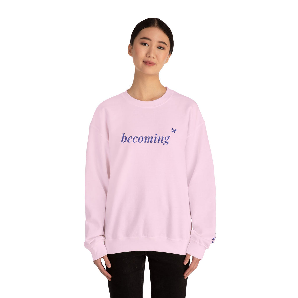 Becoming Embroidered Sweatshirt, Butterfly Sleeve Crewneck for Women, Christian Faith Sweatshirt, New Creation Gift, Navy Thread