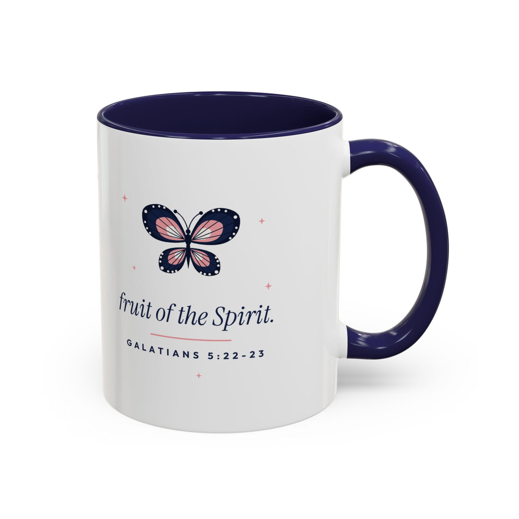 Fruit of the Spirit Accent Mug | Galatians 5:22-23 Butterfly Christian Coffee Mug with Navy Handle | Faith Gift 11oz