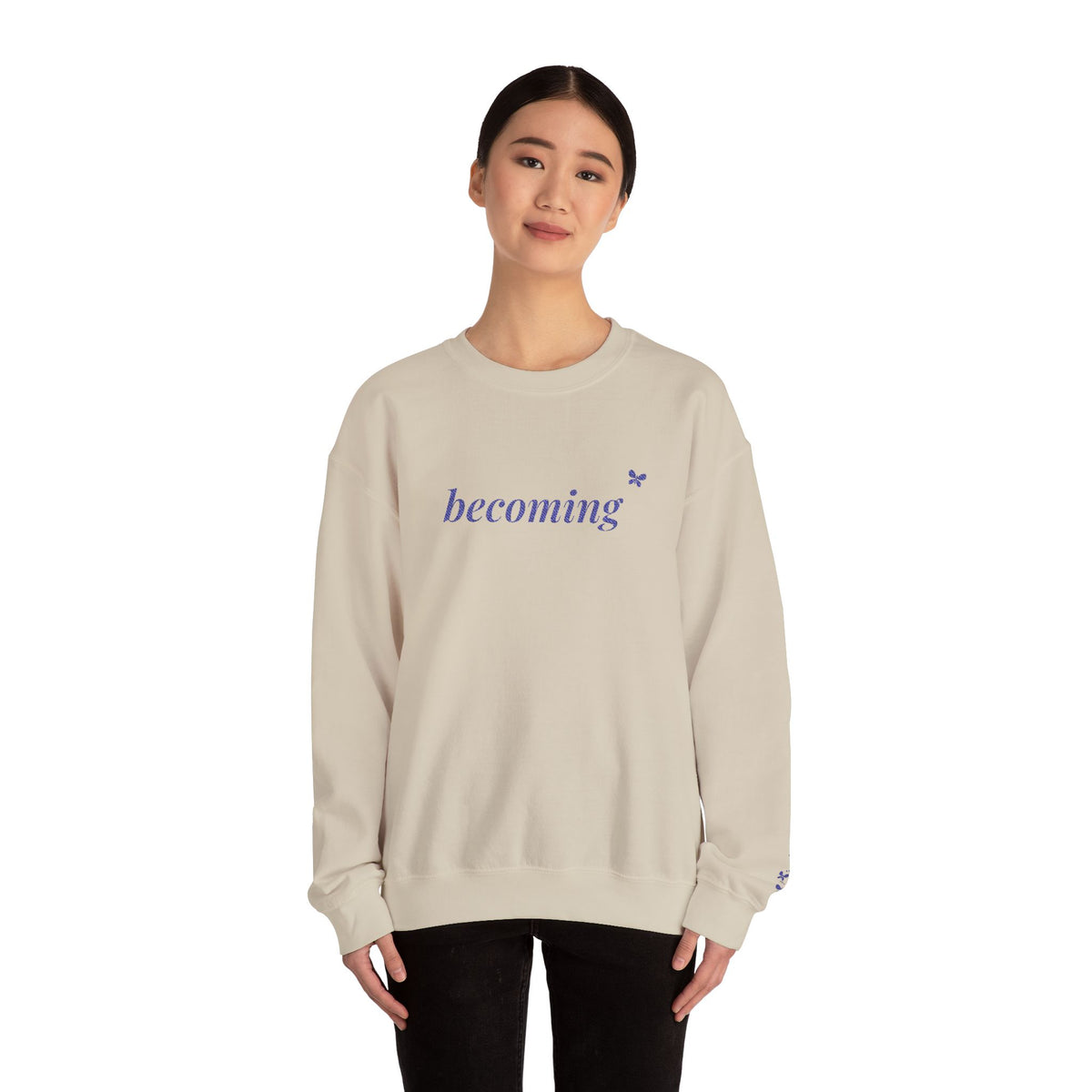 Becoming Embroidered Sweatshirt, Butterfly Sleeve Crewneck for Women, Christian Faith Sweatshirt, New Creation Gift, Navy Thread