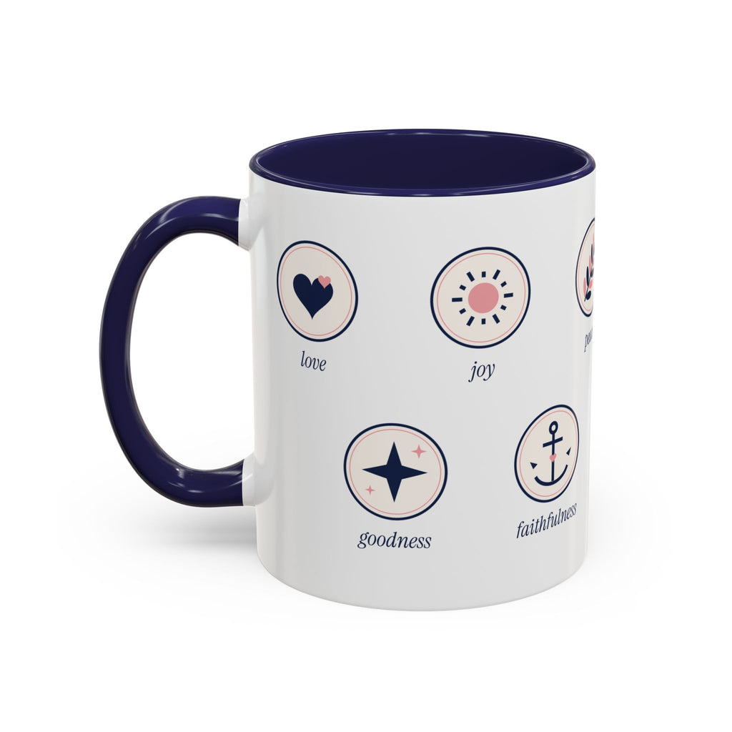 Fruit of the Spirit Icons Accent Mug | Love Joy Peace Christian Coffee Mug with Navy Handle | Faith Gift 11oz