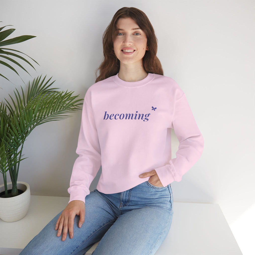 Becoming Embroidered Sweatshirt, Butterfly Sleeve Crewneck for Women, Christian Faith Sweatshirt, New Creation Gift, Navy Thread