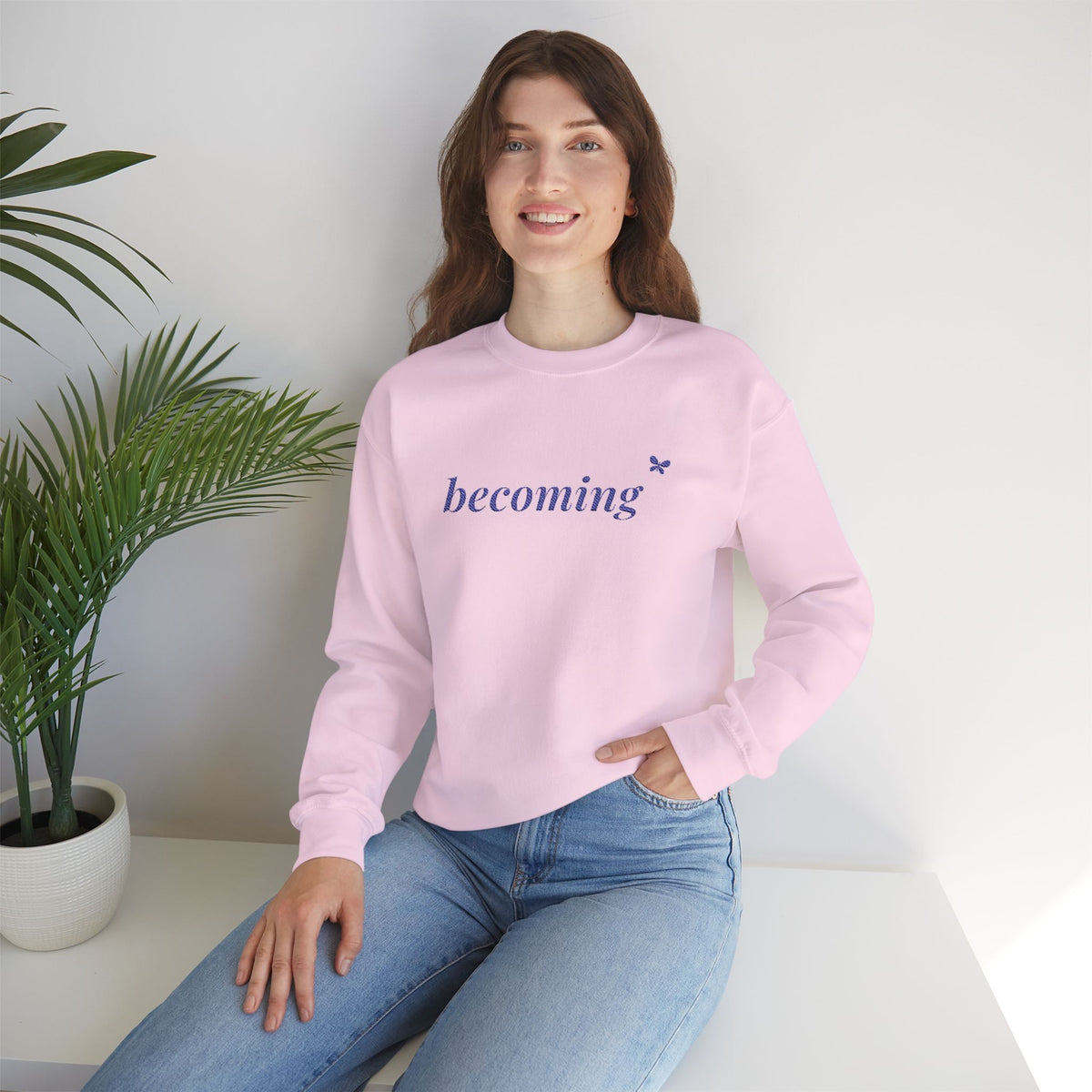 Becoming Embroidered Sweatshirt, Butterfly Sleeve Crewneck for Women, Christian Faith Sweatshirt, New Creation Gift, Navy Thread
