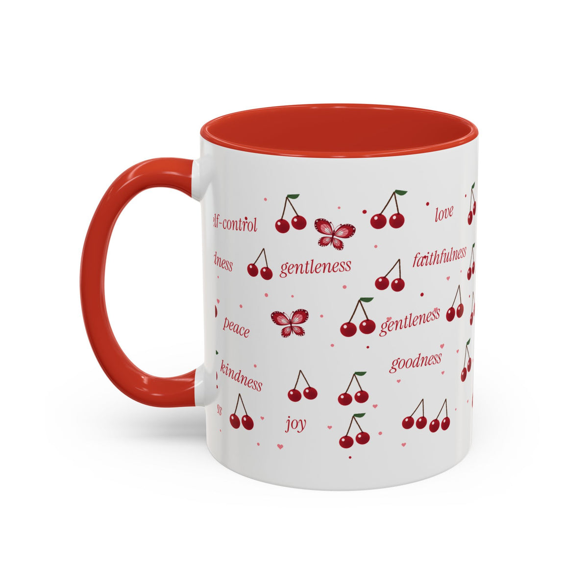 Cherry Fruit of the Spirit Accent Mug | Galatians 5:22-23 Christian Coffee Mug with Red Handle | Faith Gift 11oz