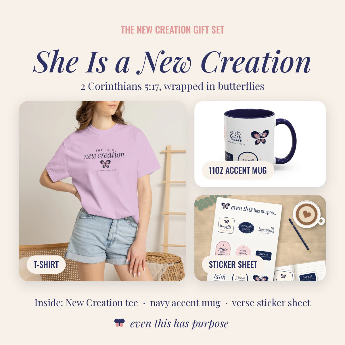 She Is a New Creation Gift Set | Christian Tee, Butterfly Mug & Bible Verse Sticker Sheet